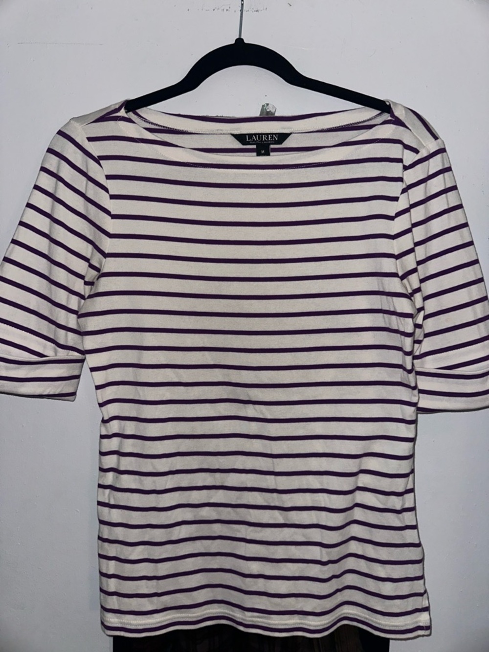 Lauren Ralph Lauren White & Purple Striped Boatneck Top